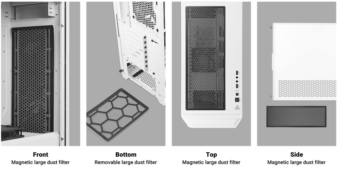 antec-dp502-flux-white-mesh Lưới lọc bụi bố trí khoa học